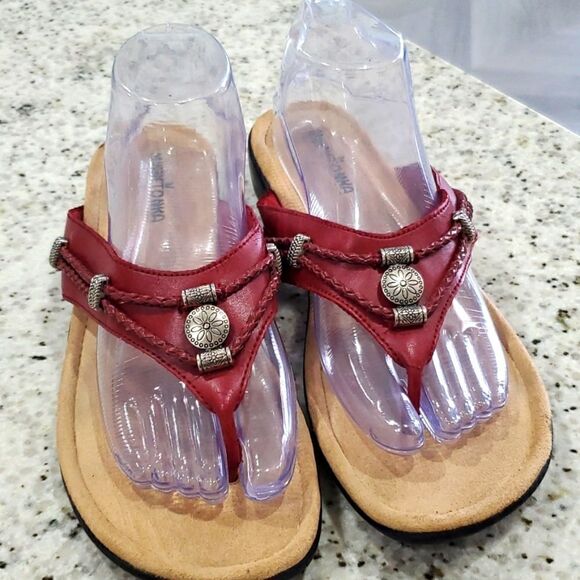 Minnetonka Shoes - Minnetonka Red Leather Flip Flop Sandals silver tone jewels braided leather, 10